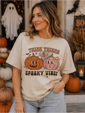 Thick Thighs Spooky Vibes Pumpkin Graphic Tee - Cream